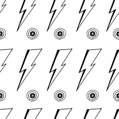 Retro black and white pattern with doodle hand drawn  david bowie lightning bolts and circles, 90s vibe  - obrazy, fototapety, plakaty