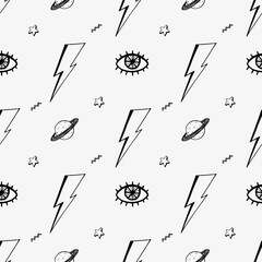 Retro pattern with doodle hand drawn eyes david bowie lightning bolts, 90s vibe  - obrazy, fototapety, plakaty