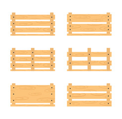 Different wooden crates for fruits or vegetables transportation. Vector boxes or cargo storage illustration isolated on white background. 