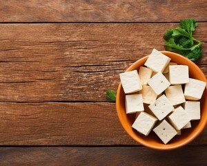 Fried tofu in bowl, Vegetarian food
