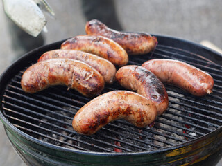 Delicious sausage on grill with spices and herbs