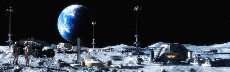 Moon outpost colony, lunar surface panorama, astronauts, rover, living modules, Earth. Lunar base camp 3D. NASA Artemis program, space exploration mission, terraforming, colonization, autonomous life - obrazy, fototapety, plakaty