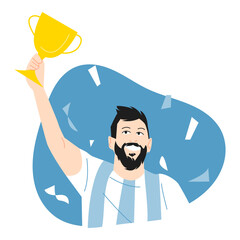 male football, soccer athlete holding trophy with happy expression, smile. half body. sport concept, champion, achievement, winner. vector flat illustration.