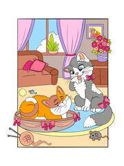 Two cute cats in cozy home vector cartoon illustration