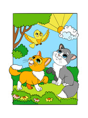 Obraz na płótnie Canvas Cute kittens with a bird on a nature vector illustration
