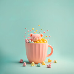 Pastel minimal animal concept of hot drink mug with cute little Teddy bear coming out of it. Love for small pet that will be loved and cherished for the rest of life. Illustration. Generative AI.