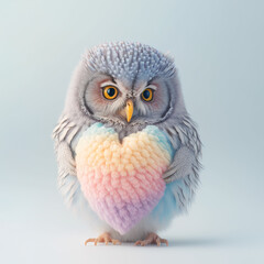 Fototapeta premium A cute, little baby owl carrying a big heart as a symbol of love. Pastel, creative, animal concept. Valentine's Day spent with a pet, a small owl. Illustration. Generative AI.