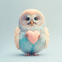 A cute, little baby owl carrying a big heart as a symbol of love. Pastel, creative, animal concept. Valentine's Day spent with a pet, a small owl. Illustration. Generative AI.
