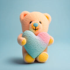 A cute little bear carrying a big heart as a symbol of love. Pastel, creative, animal concept. Valentine's Day pet toy gift, a small Teddy bear. Illustration. Generative AI.