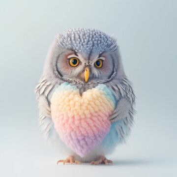 A cute, little baby owl carrying a big heart as a symbol of love. Pastel, creative, animal concept. Valentine's Day spent with a pet, a small owl. Illustration. Generative AI.