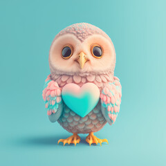 A cute, little baby owl carrying a big heart as a symbol of love. Pastel, creative, animal concept. Valentine's Day spent with a pet, a small owl. Illustration. Generative AI.