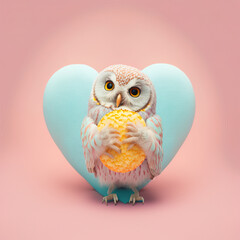 Fototapeta premium A cute, little baby owl carrying a big heart as a symbol of love. Pastel, creative, animal concept. Valentine's Day spent with a pet, a small owl. Illustration. Generative AI.