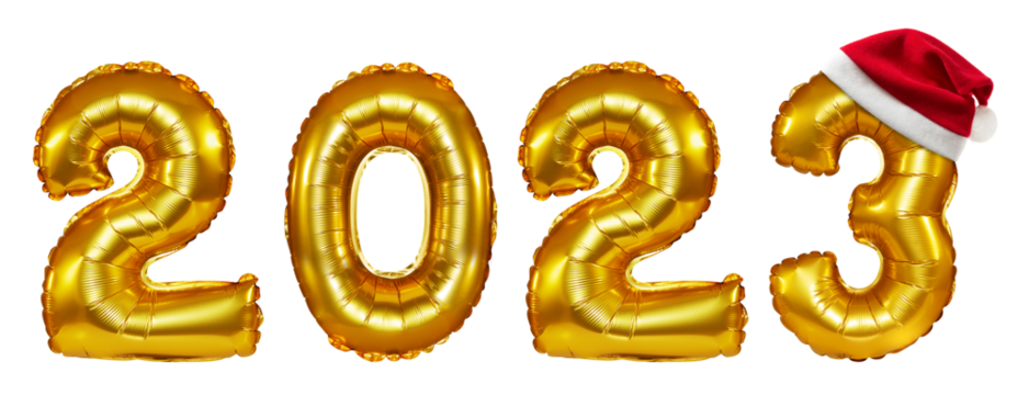 isolated golden letter foil balloons writing 2023 with santa hat in a composit shot. - Powered by Adobe