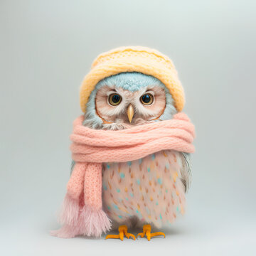 A cute, little, baby owl in warm winter clothes, symbol of love. Pastel, animal concept. Valentine's Day, love, cute fairy tale creature. Illustration. Generative AI.
