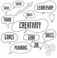 set hand drawn doodle speech bubbles of GREAT, IDEAS, THINK, LEADERSHIP, SKILLS, CREATIVITY, GOALS, PLANNING, GOOD, JOB, SALES. vector design illustration