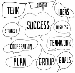Fototapeta premium set hand drawn doodle speech bubbles of TEAM, STRATEGY, COOPERATION, PLAN, CREATIVE, SUCCESS, GROUP, IDEAS, BUSINESS, TEAMWORK, GOALS. vector design illustration