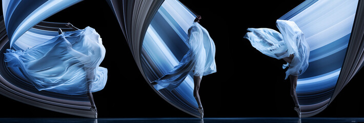 Modern design. Contemporary art. Ballerina dancing with transparent cloth over black background....
