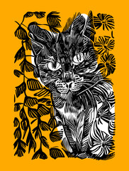 Hand drawn vintage Illustration of cat in lino print style. image vector