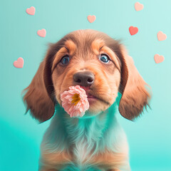 Creative love concept of puppy with fresh flowers and hearts on pastel blue background. Love is in the air, happy dog Valentine's Day. Illustration. Generative AI.