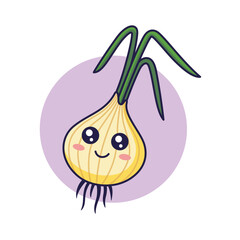 Cute Kawaii onion cartoon icon illustration. Food vegitable flat icon concept isolated on white background. Onion character, mascot in Doodle style.