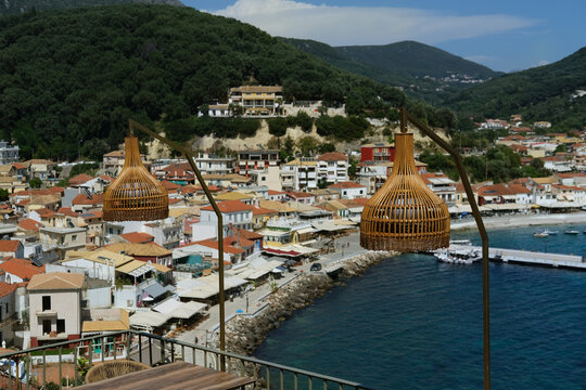 Amazing Parga town view, tiny touristic place in Greece, berth, boats, coast with a lot of hotels and restaurants, tavernas, popular tourist location