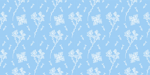 Botanical vector seamless pattern floral repeat background garden flowers hand drawn minimalistic style white blue color	
