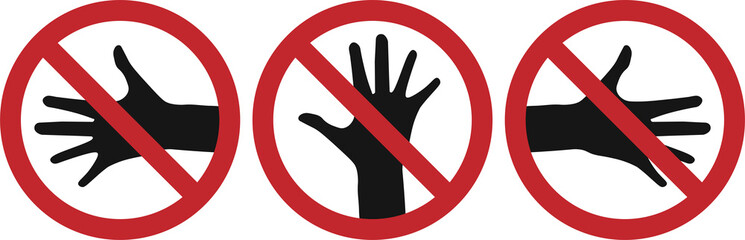 set of Isolated flat illustration of transparent red crossed out and black arm hand do not touch icon, prohibition, hazard, alert, accident may occur, do not enter symbol