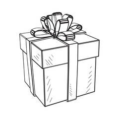 Monochrome illustration of gift box in sketch style. Hand drawings in art ink style. Black and white graphics.
