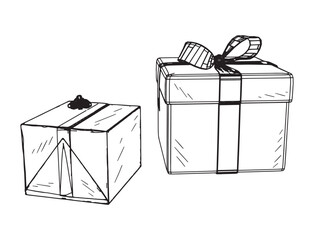 Monochrome illustration of gift box in sketch style. Hand drawings in art ink style. Black and white graphics.