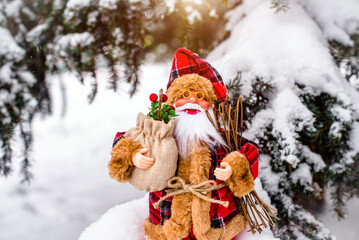 Santa Claus stands on the background of a snow-covered spruce
