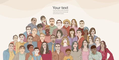 Banner - cover or poster copy space with group of volunteer multicultural people - editable template.  Nonprofits association. Charity and solidarity donation concepts.Community. NGO. Aid