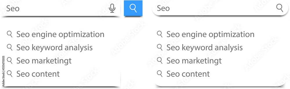 Aufkleber Search bars templates set with pop up list or search results. Vector flat template design for internet browser or web page with elements of search magnifier icon and frame field for text