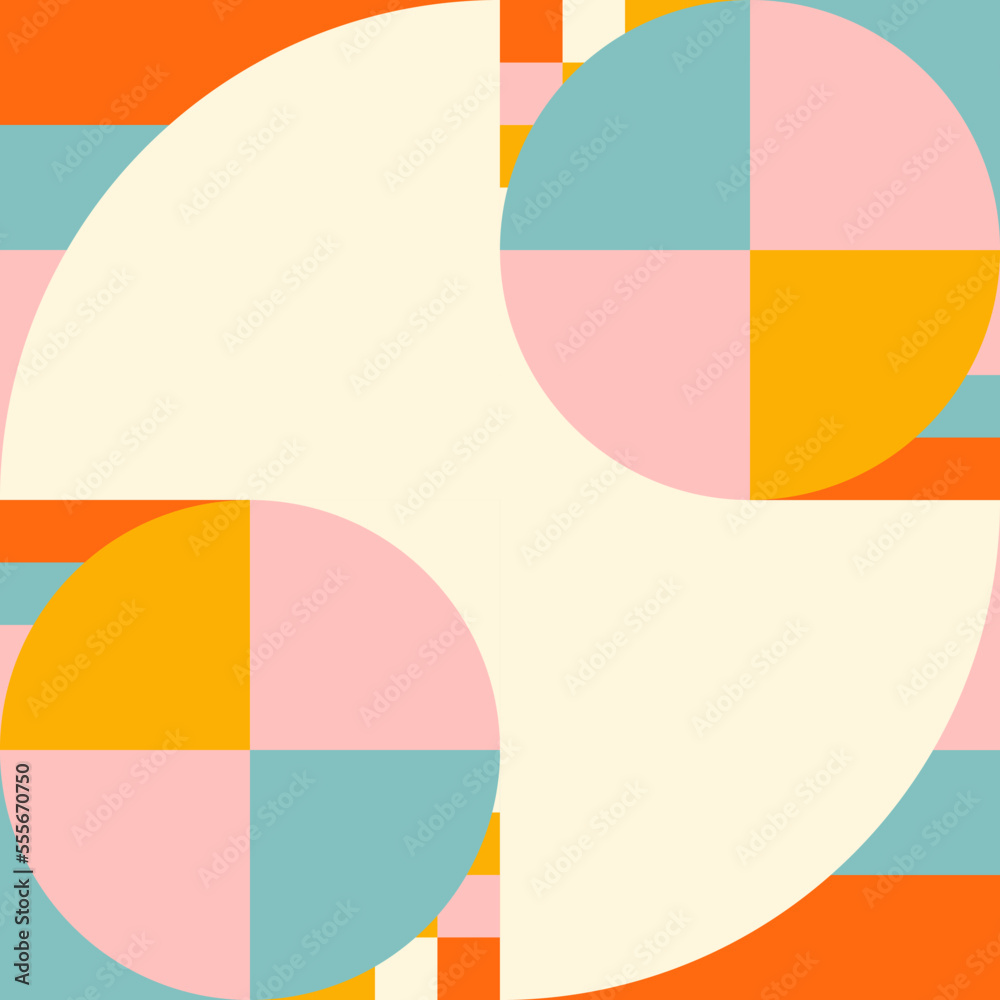 Poster Modern vector abstract  geometric background with circles, rectangles and squares  in retro scandinavian style. Pastel colored simple shapes graphic pattern. Abstract mosaic artwork.
