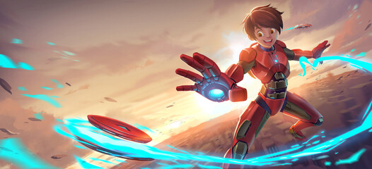 A sci-fi illustration of a superhero boy with futuristic red armor suit flying in the colorful sky.