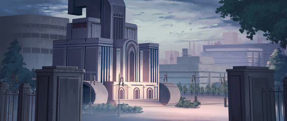 An illustration of sci-fi building in the peaceful modern city with colourful morning light. © Asanee