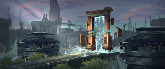 An illustration of sci-fi military portal gate in the modern city with electric sparkling effect.
