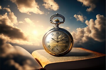 Old pocket watch on bible book. Passing of time concept. Clouds and sky. Fantasy scene. Generative ai. 
