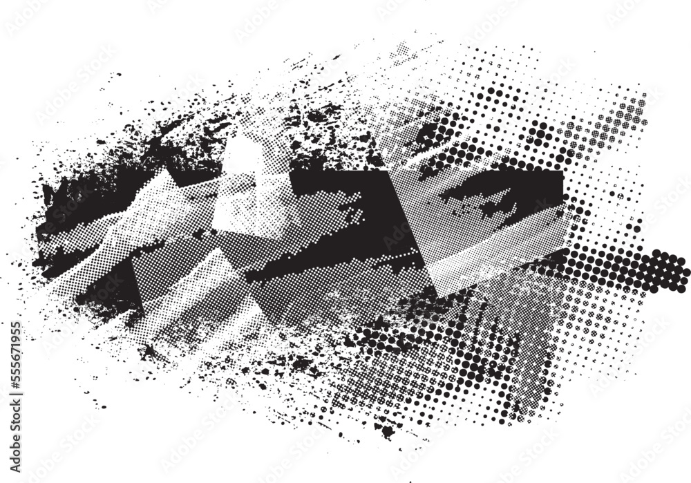 Poster Glitch distorted grunge layer  . Noise destroyed texture . Trendy defect error shapes . Overlay grunge texture . Distressed effect .Vector shapes with a halftone dots screen print texture.