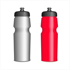 Realistic illustration of sports bottles for water. Mockups of red and gray bottles. Active recreation, cycling equipment and fitness. Water plastic containers 3d illustration. Vector illustration