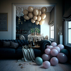 Party Balloons in a living room with decorations