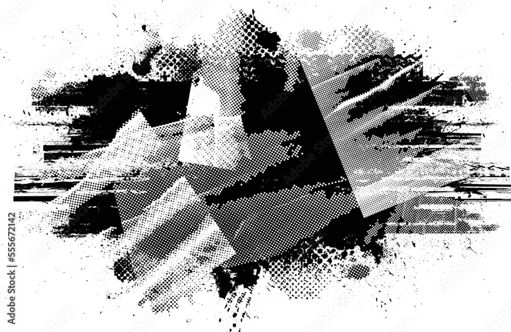 Poster Glitch distorted grunge layer  . Noise destroyed texture . Trendy defect error shapes . Overlay grunge texture . Distressed effect .Vector shapes with a halftone dots screen print texture.