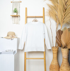 Obraz na płótnie Canvas Long sleeve shirt hanged on to a ladder with minimalist decorations