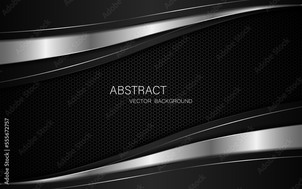 Poster abstract black and silver curves with silver lines on dark steel mesh background. with free space fo