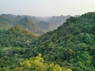 View to scenic landscape with green mountains. Cat Ba Island, National Park Cat Ba. Deep jungle in Cat Ba island. Vietnam
