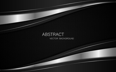 Abstract black and silver curves with silver lines on dark steel mesh background. with free space for design. modern technology innovation concept background	