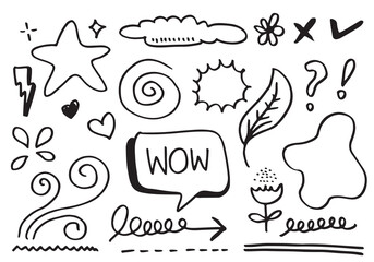 Hand drawn flower, heart, cloud, stars, thunderbolt for concept design.