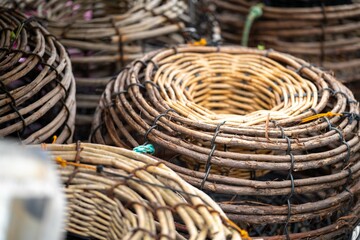 crayfish traps on a fishing boat. lobster wooden pots on the back of a fishing ship in australia