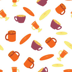 Cups and saucers bright seamless pattern. Tea, tea shop, coffee. Wallpaper, wrapping paper