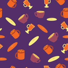 Cups and saucers bright seamless pattern. Tea, tea shop, coffee. Wallpaper, wrapping paper