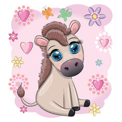 Cute donkey in flowers, with balloons, spring theme. Postcard for the holiday.